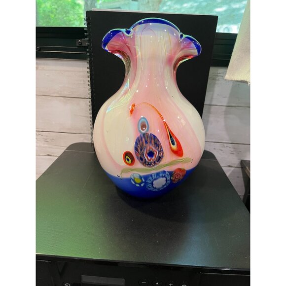 Murano Style Millefiori Handcrafted Glass Vase With Pink & Blue Swirls - Picture 1 of 6